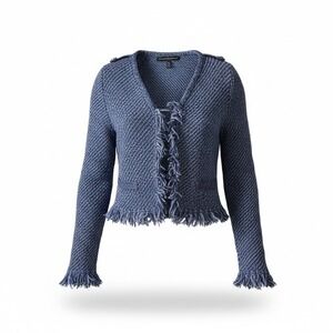 White House Black Market Blue Textured Fringe Knit Cardigan Jacket Blazer Size M
